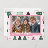 ピンクと緑の名門私立校風のクリスマスツリーの休日の写真 シーズンポストカード (正面/裏面)