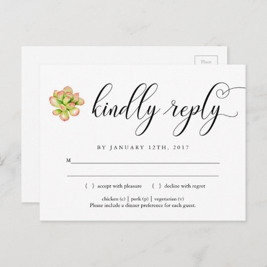 ピンクと緑の多肉性RSVPポストカード インビテーションポストカード (正面/裏面)