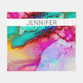 ピンクと緑の大理石抽象芸術水色 フリースブランケット (正面(横))