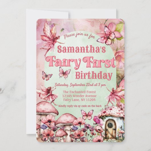 ピンクと緑の妖精の最初の誕生日QRコード 招待状 (正面)
