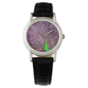 ピンクと緑の孔雀 腕時計