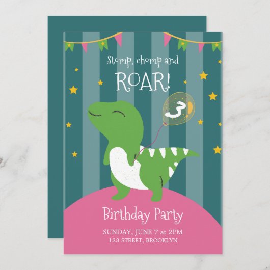 ピンクと緑の恐竜の誕生日パーティーへの招待 招待状 (正面/裏面)