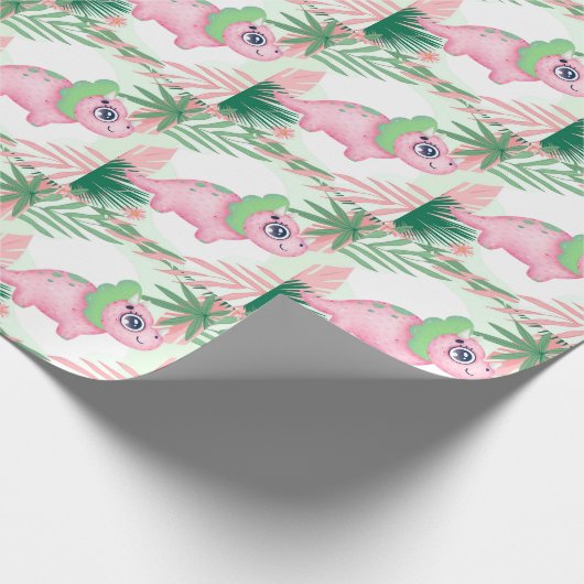 ピンクと緑の恐竜ガーリーの赤ちゃんシャワー ラッピングペーパー (角)