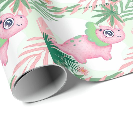 ピンクと緑の恐竜ガーリーの赤ちゃんシャワー ラッピングペーパー (ロールコーナー)