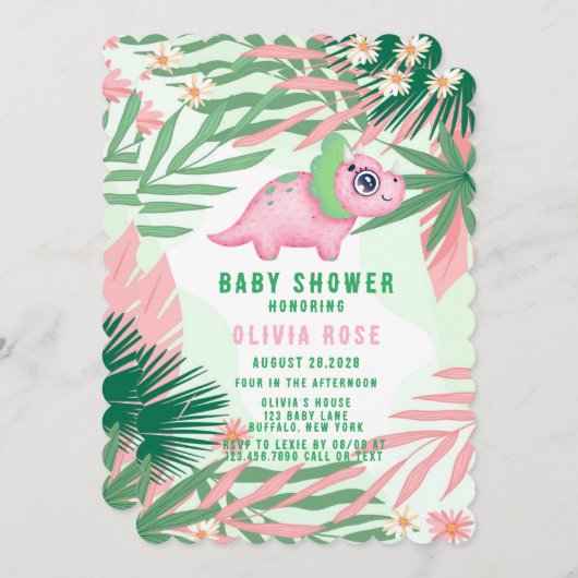 ピンクと緑の恐竜ガーリーの赤ちゃんシャワー 招待状 (正面/裏面)