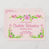 ピンクと緑の懐かしいフローラはがき 案内ポストカード (正面/裏面)