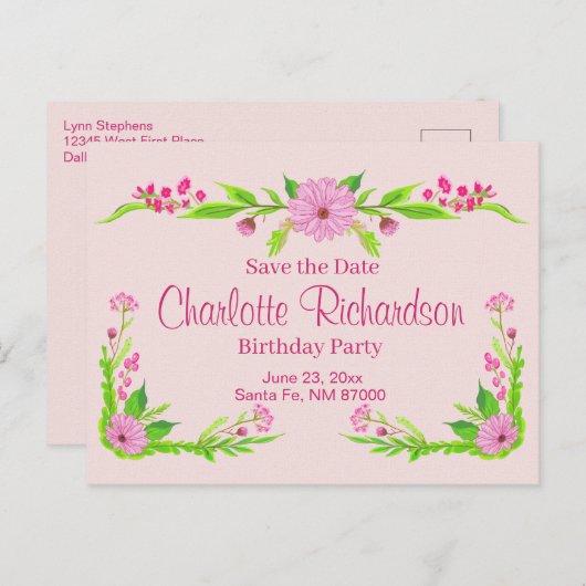 ピンクと緑の懐かしいフローラはがき 案内ポストカード (正面/裏面)