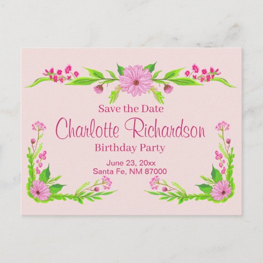 ピンクと緑の懐かしいフローラはがき 案内ポストカード (正面)