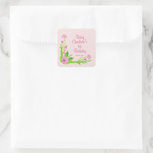 ピンクと緑の懐かしいフローラシール スクエアシール (バッグ)