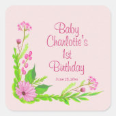 ピンクと緑の懐かしいフローラシール スクエアシール (正面)