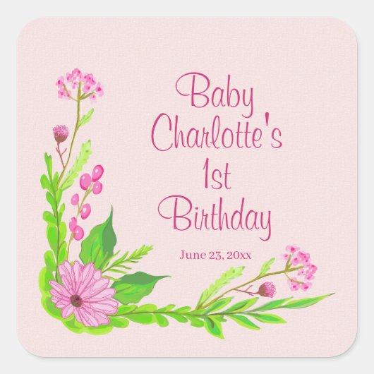 ピンクと緑の懐かしいフローラシール スクエアシール (正面)