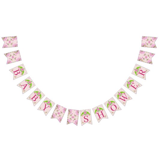 ピンクと緑の懐かしいフローラバンティングバナー バンティングフラッグ (全)