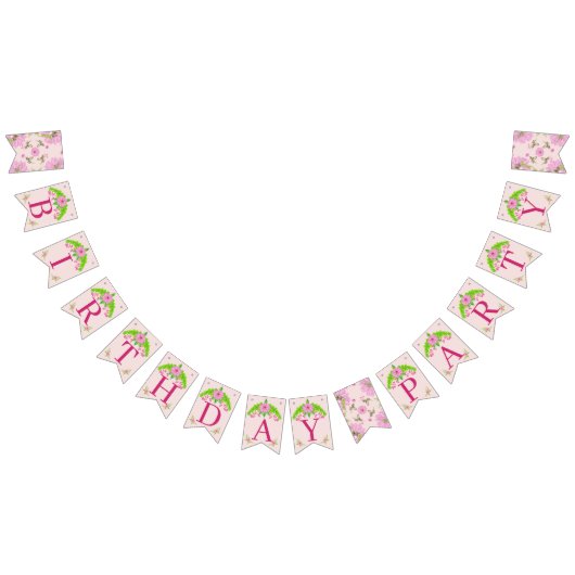 ピンクと緑の懐かしいフローラバンティングバナー バンティングフラッグ (全)