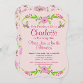 ピンクと緑の懐かしいフローラフラットカード 招待状 (正面/裏面)