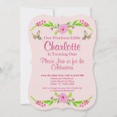 ピンクと緑の懐かしいフローラフラットカード 招待状 (正面)