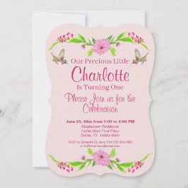 ピンクと緑の懐かしいフローラフラットカード 招待状