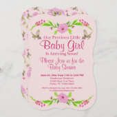 ピンクと緑の懐かしいフローラフラットカード 招待状 (正面/裏面)