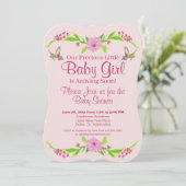 ピンクと緑の懐かしいフローラフラットカード 招待状 (スタンド正面)