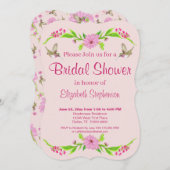 ピンクと緑の懐かしいフローラフラットカード 招待状 (正面/裏面)