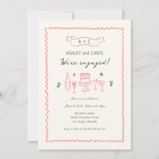 ピンクと緑の手予測できな引き婚約パーティ 招待状 (正面)