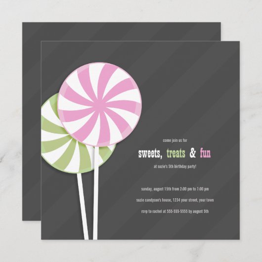 ピンクと緑の旋回棒つきキャンデーパーティの招待状 招待状 (正面/裏面)