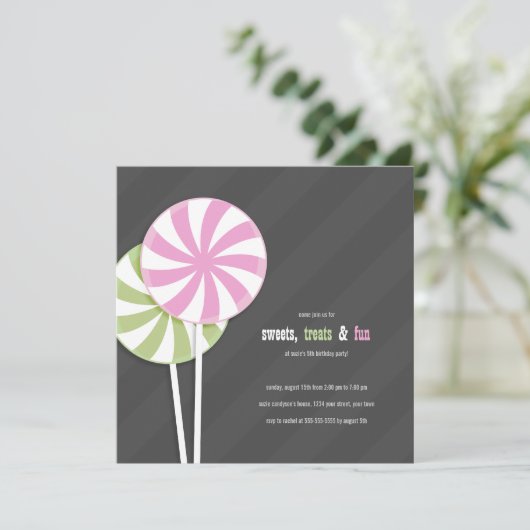 ピンクと緑の旋回棒つきキャンデーパーティの招待状 招待状 (スタンド正面)
