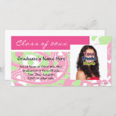 ピンクと緑の明るい卒業式フォトカード 案内状