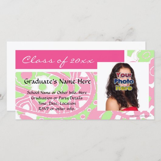 ピンクと緑の明るい卒業式フォトカード 案内状 (正面/裏面)
