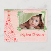 ピンクと緑の木の初めてのクリスマス写真はがき シーズンポストカード (正面)
