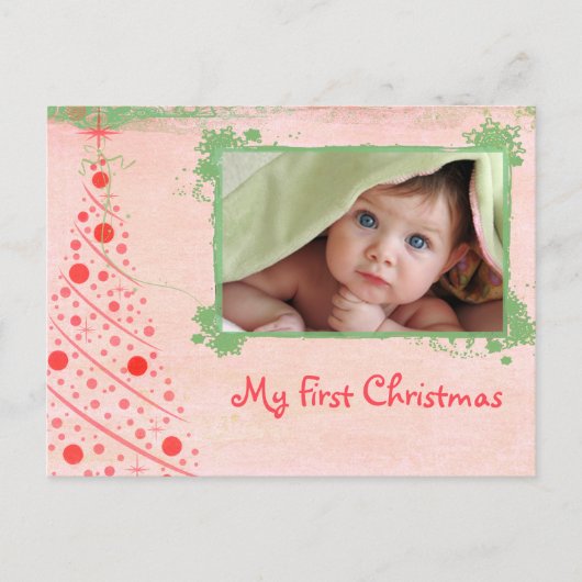 ピンクと緑の木の初めてのクリスマス写真はがき シーズンポストカード (正面)