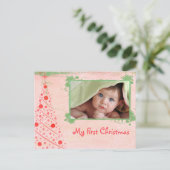 ピンクと緑の木の初めてのクリスマス写真はがき シーズンポストカード (スタンド正面)