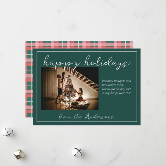 ピンクと緑の格子模様の休日のフォトカード シーズンカード (正面/裏面インサイチュ)