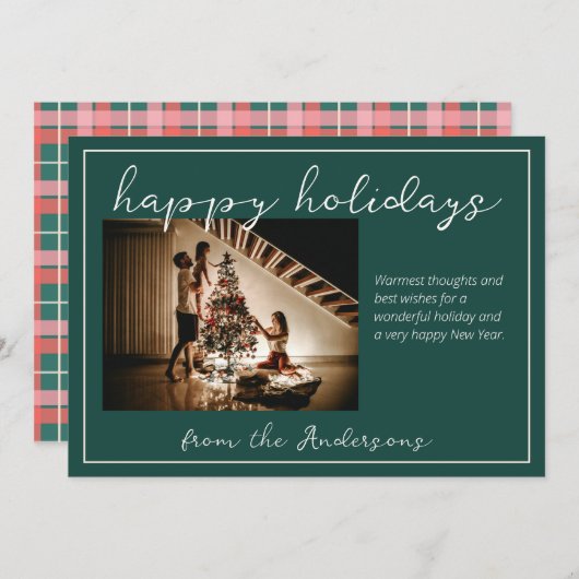 ピンクと緑の格子模様の休日のフォトカード シーズンカード (正面/裏面)