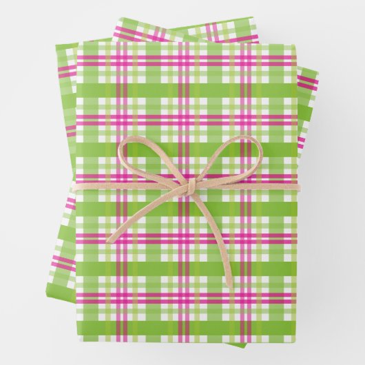 ピンクと緑の格子縞 ラッピングペーパーシート (インサイチュ)