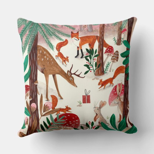 ピンクと緑の森の可愛い森林動物 クッション (裏面)