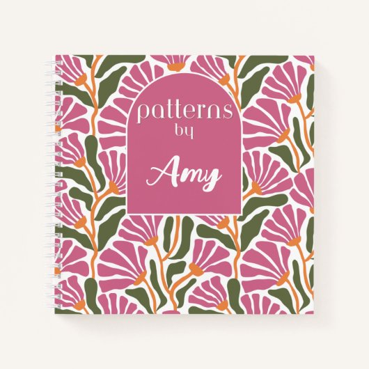 ピンクと緑の植物文様のスケッチ集 ノートブック (正面)