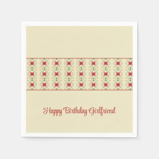 ピンクと緑の模様のクリーム スタンダードカクテルナプキン (正面)