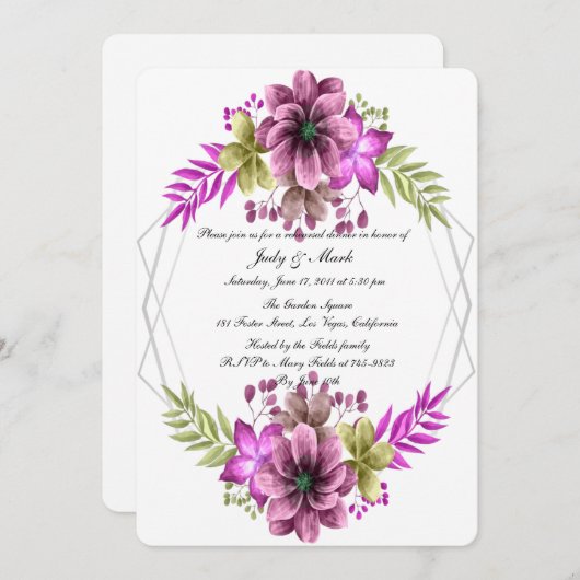 ピンクと緑の水の色のフローラリハーサルディナー 招待状 (正面/裏面)