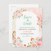 ピンクと緑の水の色のフローラ日付を保存 案内ポストカード (正面/裏面)