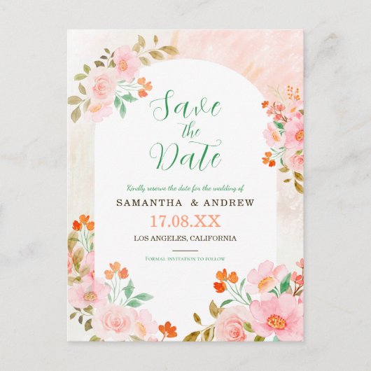 ピンクと緑の水の色のフローラ日付を保存 案内ポストカード (正面)