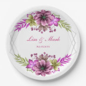 ピンクと緑の水の色のフローラ結婚 ペーパープレート (正面)