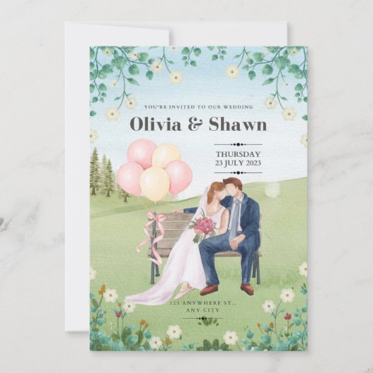 ピンクと緑の水の色の結婚式招待状 招待状 (正面)