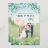 ピンクと緑の水の色の結婚式招待状 招待状 (正面/裏面)