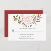 ピンクと緑の水カラーフローラバラRSVP 出欠カード (正面/裏面)