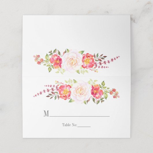ピンクと緑の水彩フローラバラ緑 プレイスカード (外部開封)
