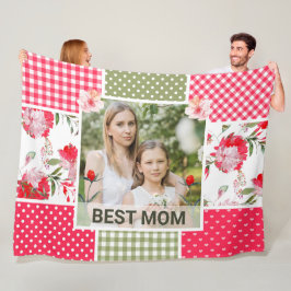 ピンクと緑の水色のフローラパッチワークママ フリースブランケット