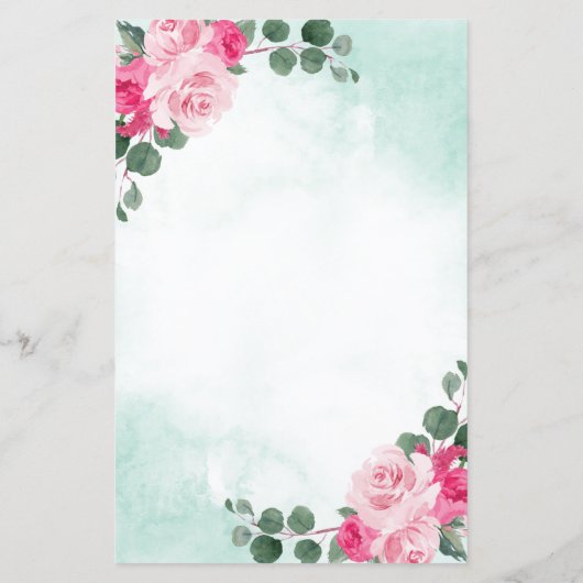 ピンクと緑の水色のフローラ結婚のメニューカード (裏面)