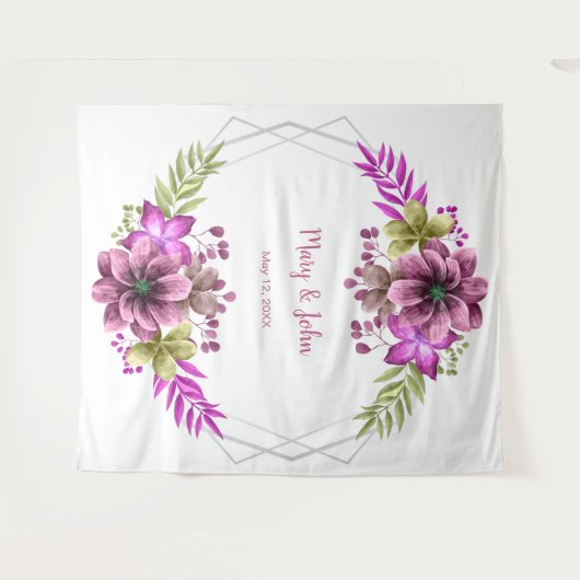 ピンクと緑の水色のフローラ結婚の写真 タペストリー (正面(横))