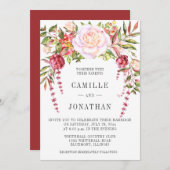 ピンクと緑の水色のフローラ結婚の 招待状 (正面/裏面)