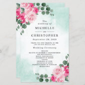 ピンクと緑の水色のフローラ結婚式 プログラム (正面/裏面)